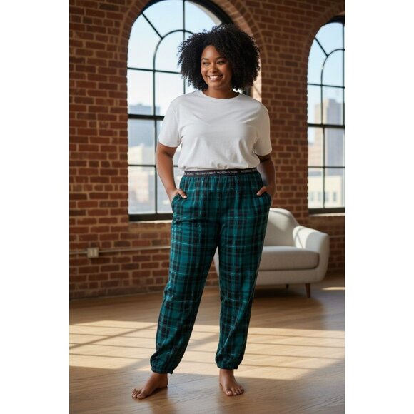 Victorias Secret Plaid Metallic Jogger Lounge Pants Teal Black Checkered XL - Picture 2 of 10